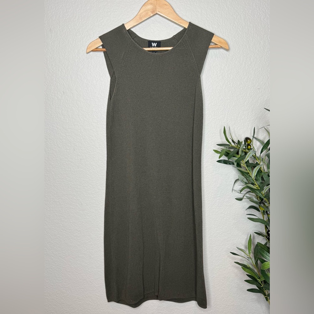 W by Worth‎ Womens Sleeveless Ribbed Knit Midi Dress Medium Olive Green